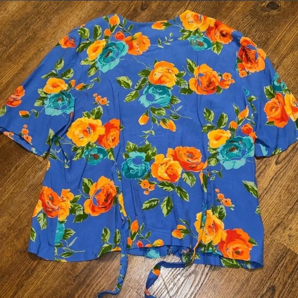Vintage Blue Tropical Floral Boho Retro Button Up Short Sleeve Tunic Top Size M - Picture 7 of 13